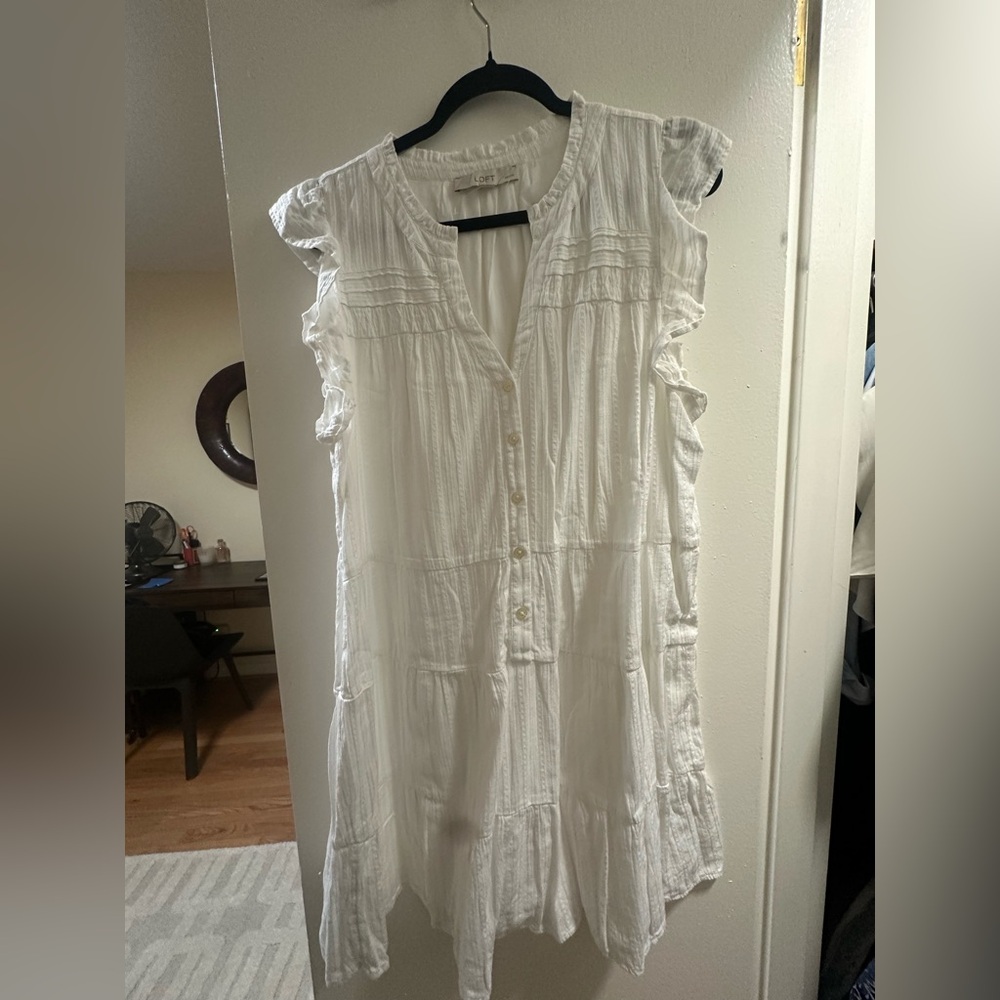 Loft White Ruffle Sleeve Dress